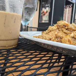 a plate of food and a drink