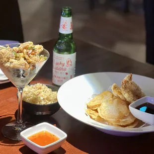 Salt and pepper calamari-$10, beer, shrimp and veggie tempura-$15 with fried rice-$2.