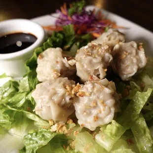 Thai Dumpling: steamed wonton skin, grounded pork and shrimp, chili vinegar