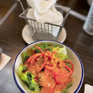 Complementary salad and shrimp puff chips  @cereus_eats