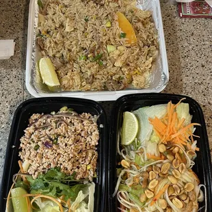 Combo meat fried rice, pork larb, and papaya salad