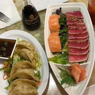 Gyoza, Salmon Nigiri, Seared Tuna Appetizer