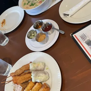 Top: Tom Kha Soup. Bottom: Sampler platter with sauces that come with.
