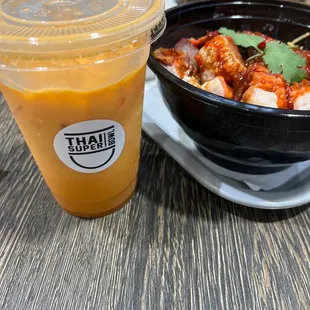 Thai iced tea, #13 red pork and crispy pork noodle bowl