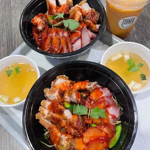 Thai Tea, Red Pork and Crispy Pork Noodle Bowls