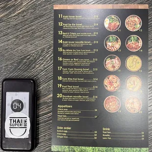 a menu and a cell phone