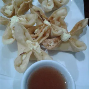 Crab Rangoon. Crunchy on the outside,  creamy soft on the inside, with a dipping sauce.