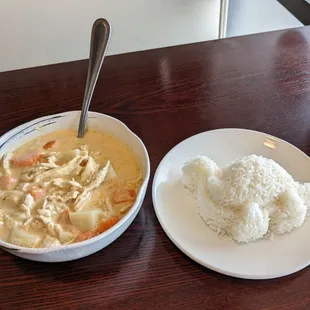 Yellow Curry, medium spice with chicken and a side of rice