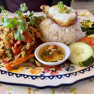 Gra Prow Seafood With Sunny Egg And Rice
