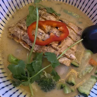 Grilled Salmon Lychee yellow Curry Sauce