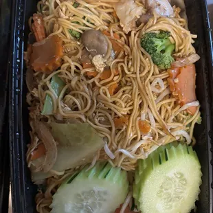 Lo mein with chicken add cucumber carrots and broccoli!