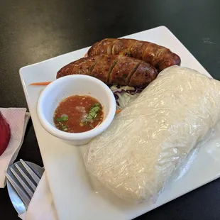 Lao Sausage with sticky rice and a sweet, sour, &amp; spicy dipping sauce