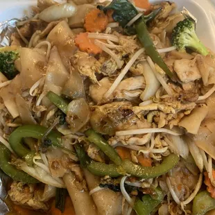 Drunken noodle entree with chicken as choice of meat