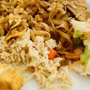 Pad Thai with pork, fried tofu, Thai Spring roll and fried rice.