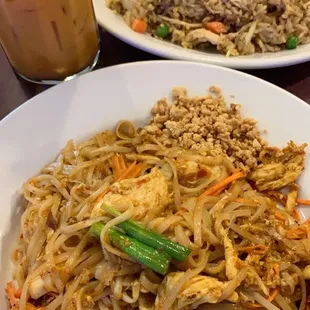 Pad Thai and kids chicken fried rice, Thai tea