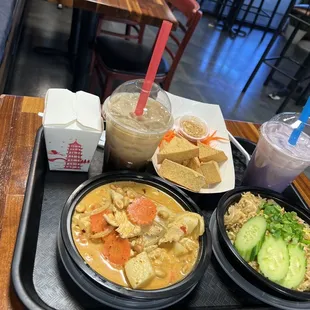 Massoman curry, thai fried rice and the fried tofu, alongside the taro and brown sugar milk teas