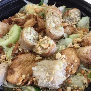 Vietnamese Eggroll Salad is amazing - crispy eggroll with sautéed chicken on a bed of lettuce with cucumbers sweet &amp; tangy