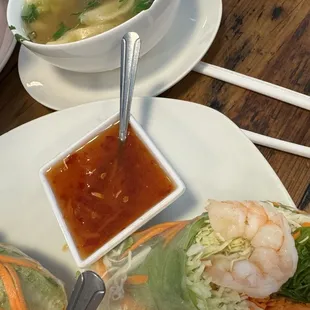Shrimp spring rolls and wonton soup