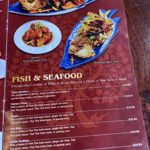 a menu for fish and seafood