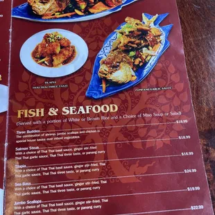 a menu for fish and seafood