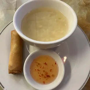 Veggie egg roll and rice chicken soup