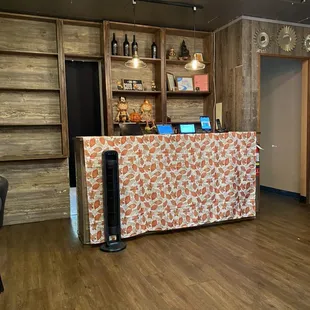 a bar with a long counter