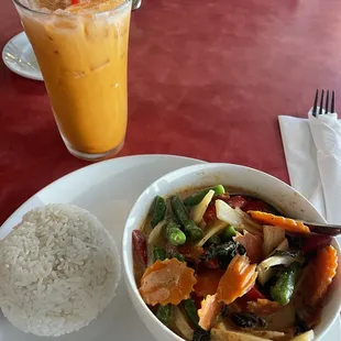 Lunch vegetable red curry and a Thai tea