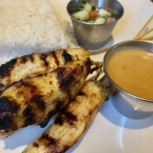 Chicken Skewers with Peanut Sauce and cucumber  salad