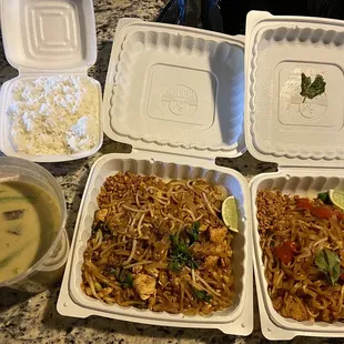 Chicken green curry, chicken pad Thai and tofu pad Thai.