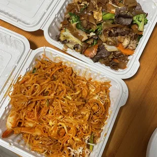 Shrimp pad Thai and beef Pad Kee Mow
