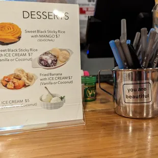 Dessert menu and a positive message