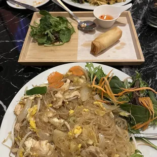 Spring rolls, pineapple fried rice with chicken and Pad Woon Sen with chicken.