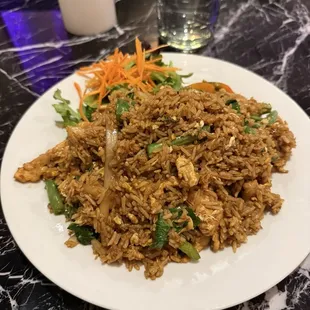 Chicken basil, fried rice.