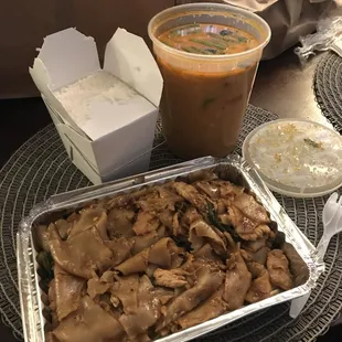 Red curry came in a huge tub! Pad See Yew was good. Portions are great