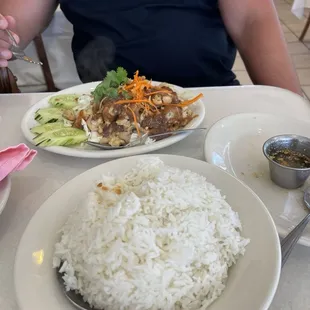 Chicken satay and rice