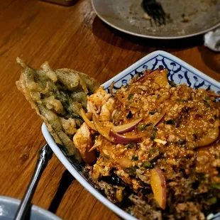 Yum Hua-Phee Tod or Crispy Banana Blossom Salad. Unique dish and tasty though Sala is better