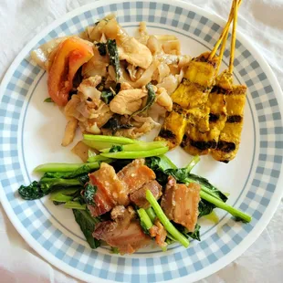 Pad Kee Mao, Chicken Satay, and Chinese Broccoli with Crispy Pork