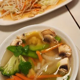 Wonton soup and mango salad
