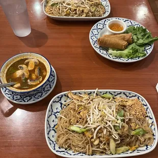 chicken pad thai, tom yum, pork egg rolls