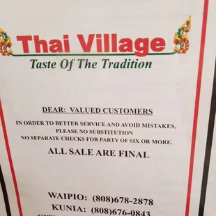 the menu for the restaurant