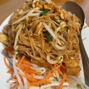a plate of noodles with meat and vegetables