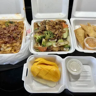Drunken noodles, pad see ew, crab rangoon, mango sticky rice