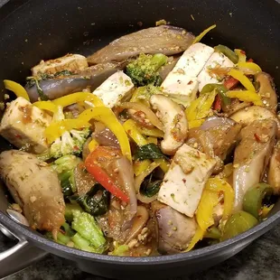 Summer Eggplant with soft tofu, added broccoli, Chinese mushrooms, bell peppers at home