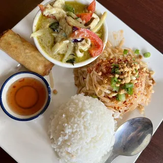 L4. Green Curry, Phad Thai, Spring Roll and Rice Lunch