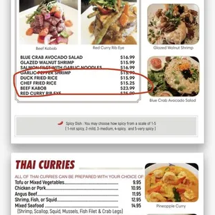 Menu showing $15.99 for duck fried rice