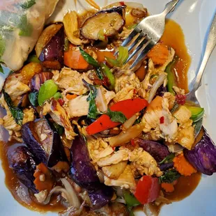 Spicy Eggplant with Chicken and Peppers.