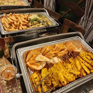 Ckn satay crispy shrimp, potstickers