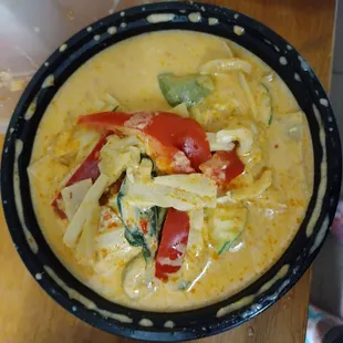 Red curry sweet coconut zucchini bell peppers onion basil!