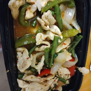 Spicy basil chicken Thai hot extra meat to go