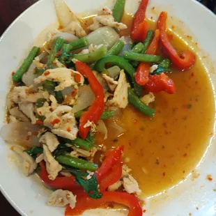 Spicy chicken basil Thai hot very good huge portion was able to eat three separate meals for 3 people